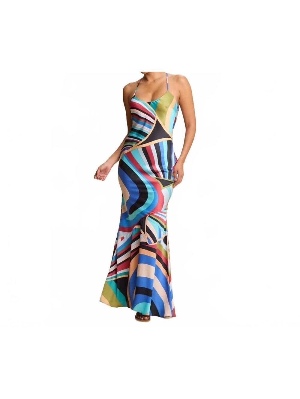 Luxxel Multicolor Wave-Stripe Maxi Slip Dress